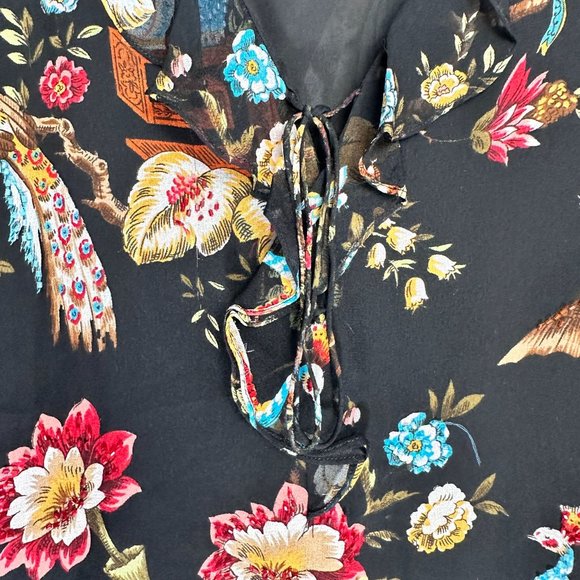 Anne Carson Silk Black Floral Ruffle Sequin Front Tie Sleeveless Blouse M - Picture 4 of 8